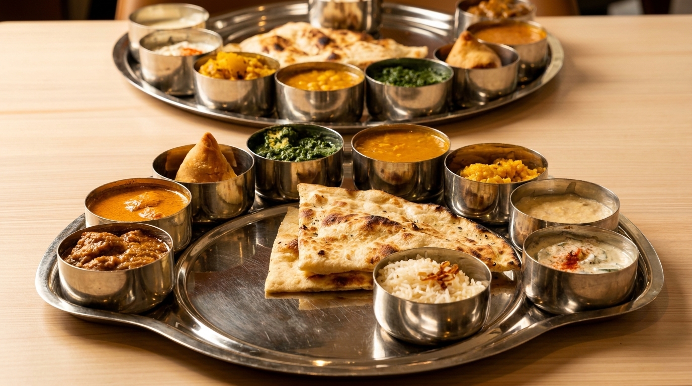 Two silver platters of Indian thali meals with various curries, rice, naan, and samosas.