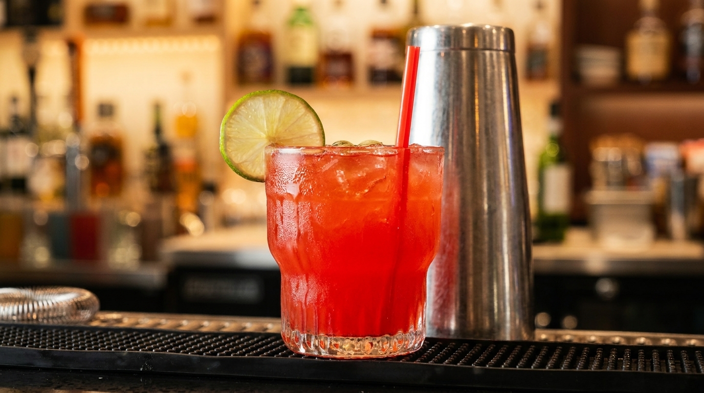 A vibrant red cocktail with a lime wedge and straw, next to a cocktail shaker on a bar.