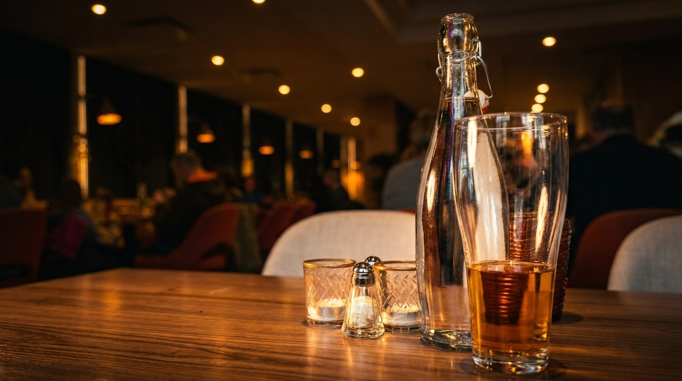 A bottle, glass of beer, and salt shaker on a wooden table in a dimly lit restaurant.