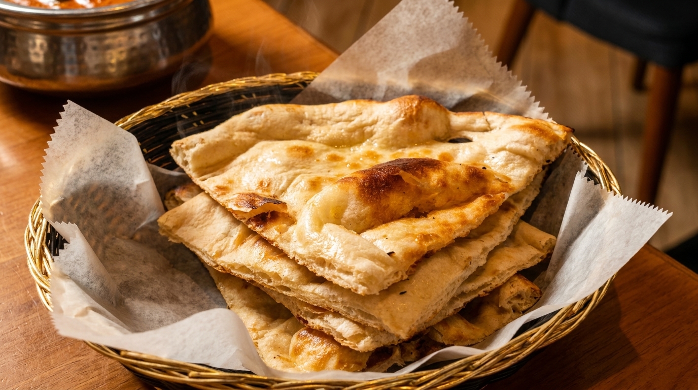 Golden brown naan bread, cut into triangles, stacked in a woven basket lined with parchment paper.