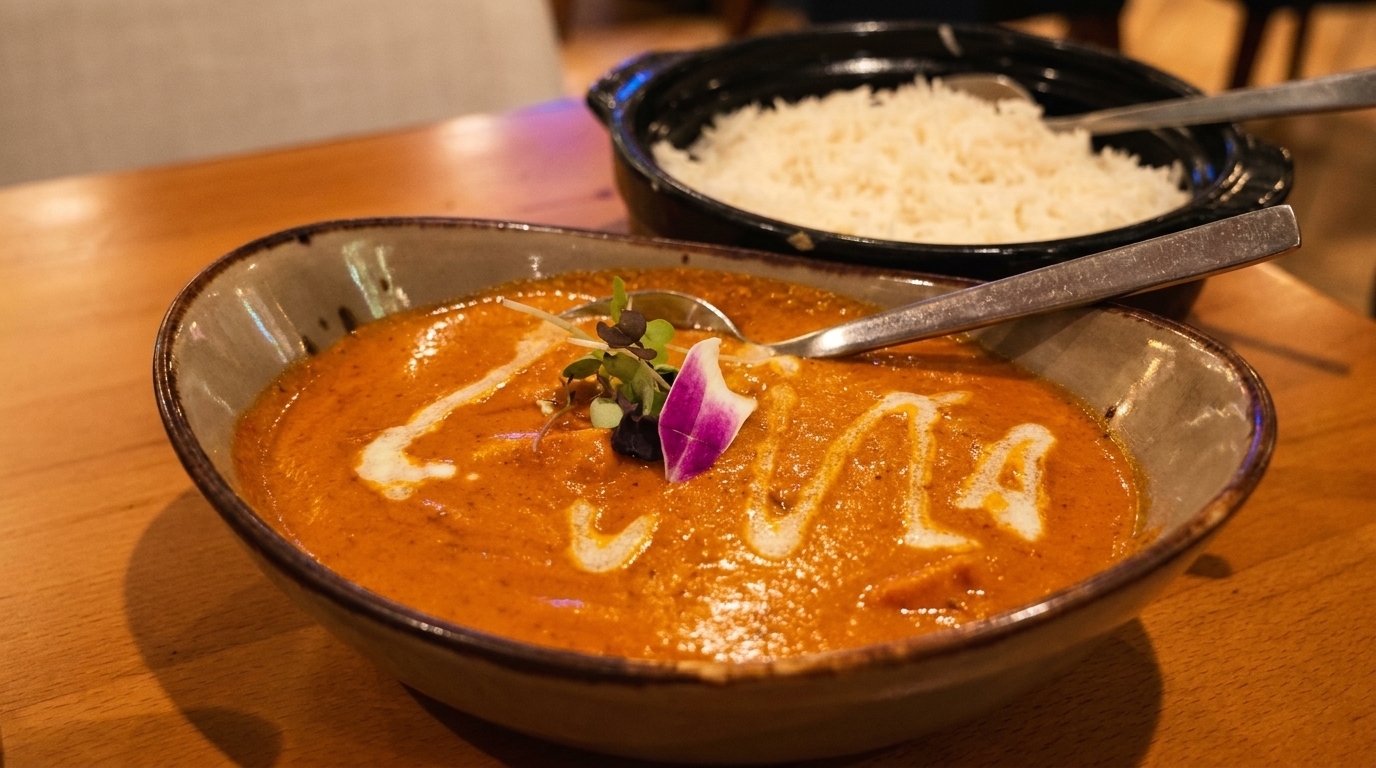 A bowl of orange curry with cream swirls, garnished with microgreens and a purple petal, next to rice.