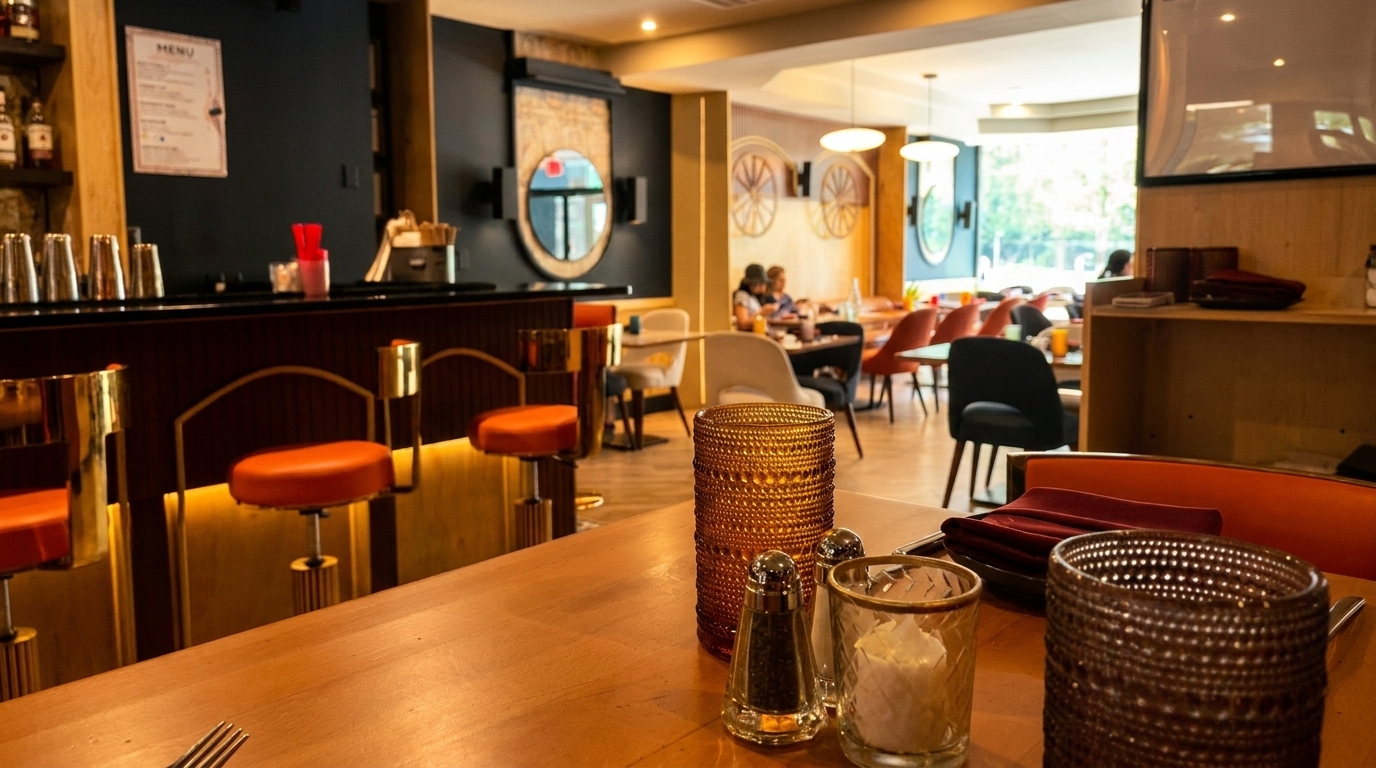 A restaurant interior with a bar, orange stools, and dining tables with patrons in the background.