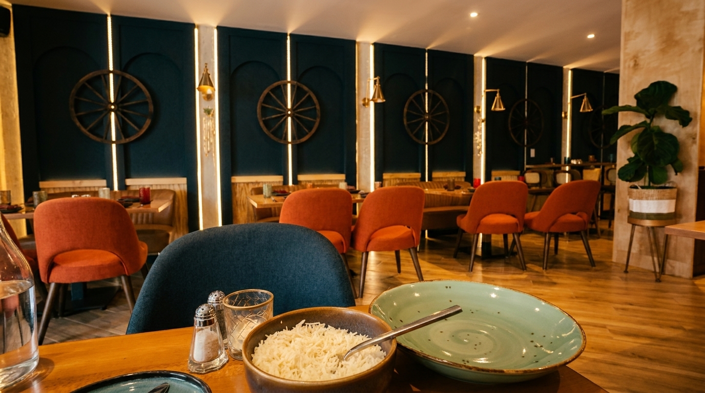 A restaurant interior with dark teal walls, wagon wheel decor, orange chairs, and a bowl of rice.