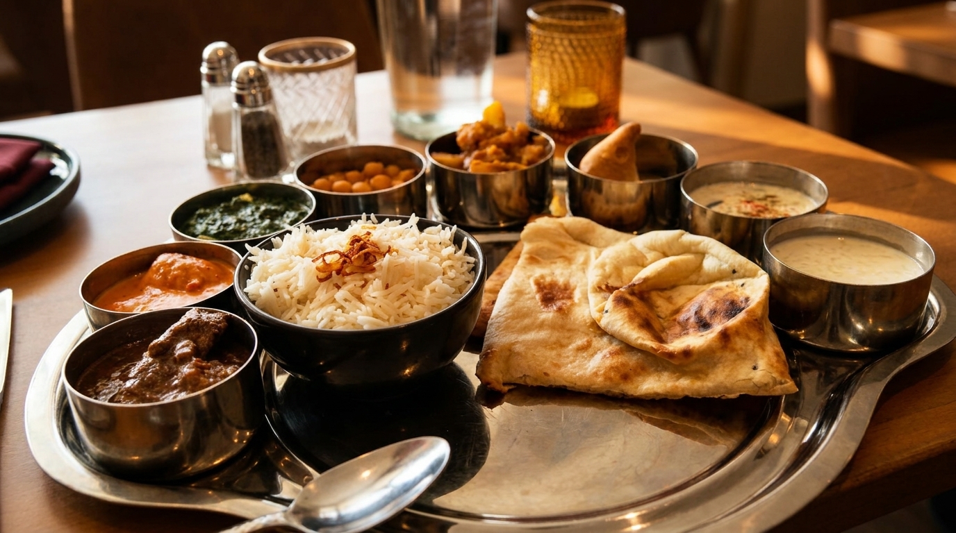 A traditional Indian thali meal with rice, naan, curries, and desserts on a silver platter.