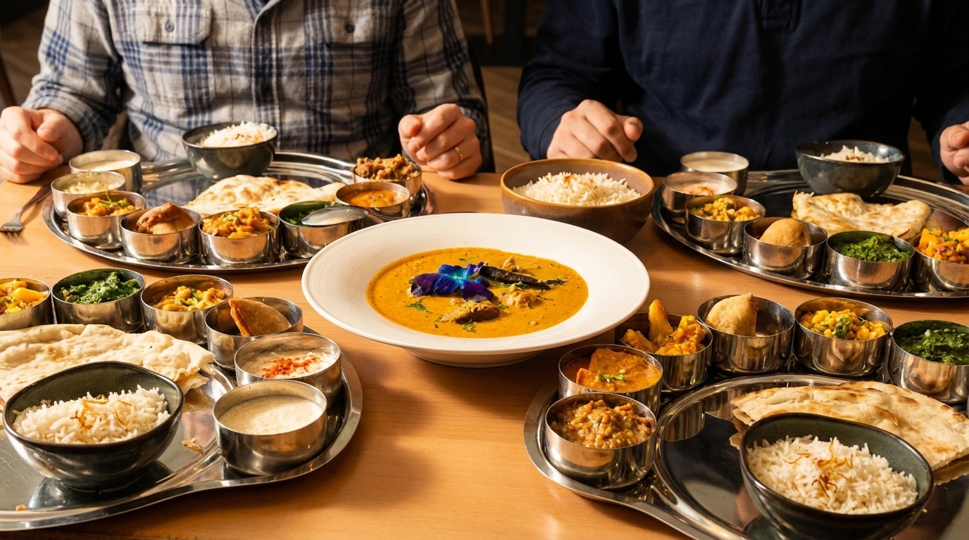 Two people enjoying thali platters with various Indian dishes, rice, and naan bread.