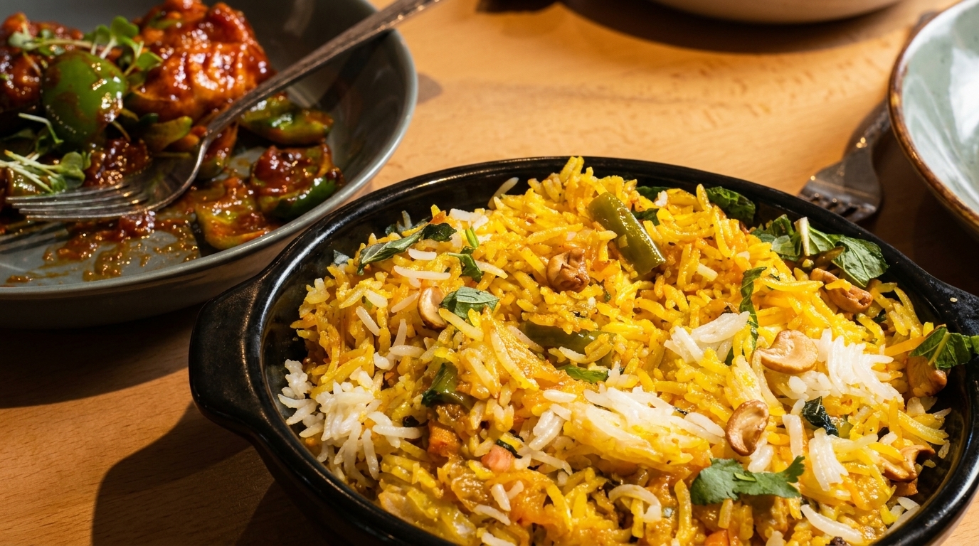 A black bowl of biryani with cashews and herbs, next to a plate of chili chicken.