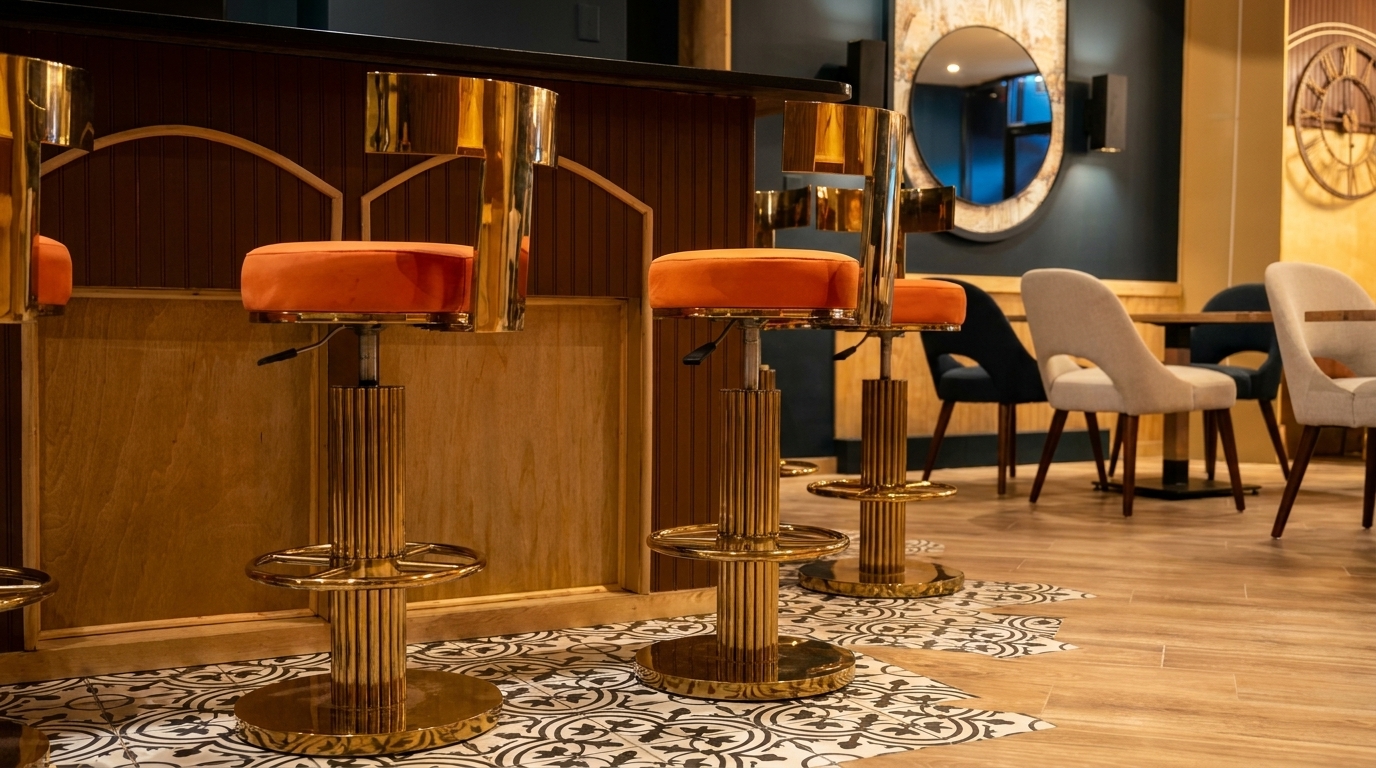 Modern bar area with orange-cushioned gold bar stools and dining tables with chairs in the background.