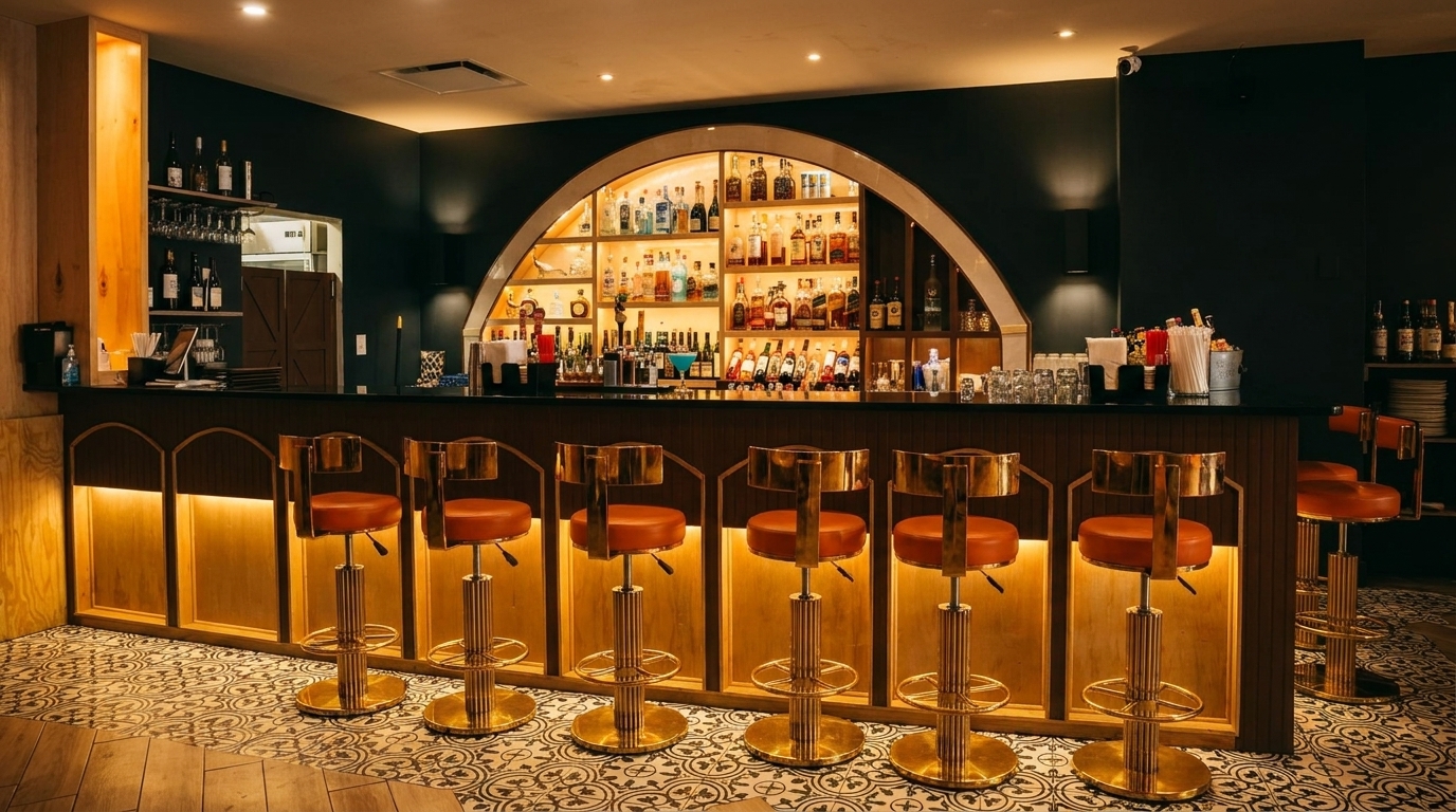 A stylish bar with golden stools, a dark counter, and an arched, illuminated liquor display.