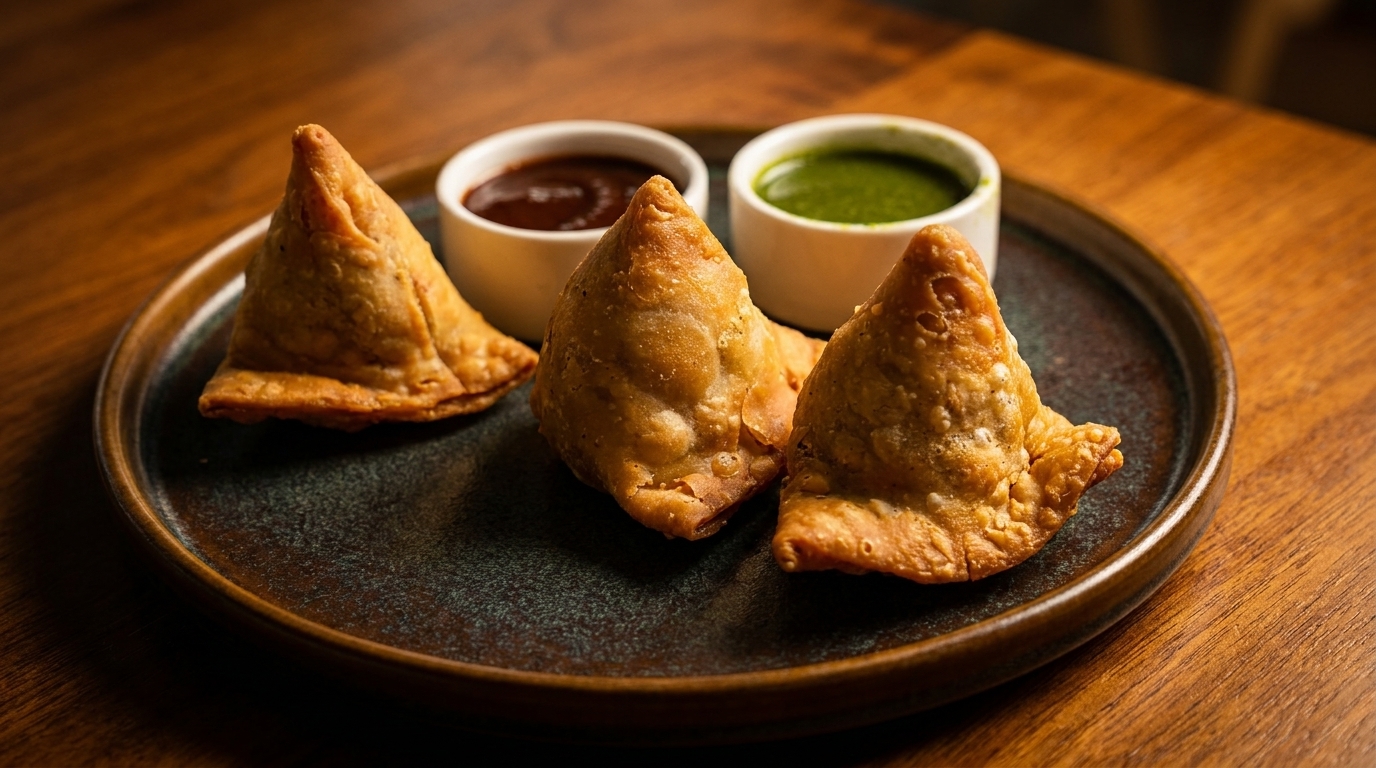 Three golden-brown samosas on a dark plate, with small bowls of green and brown chutneys.
