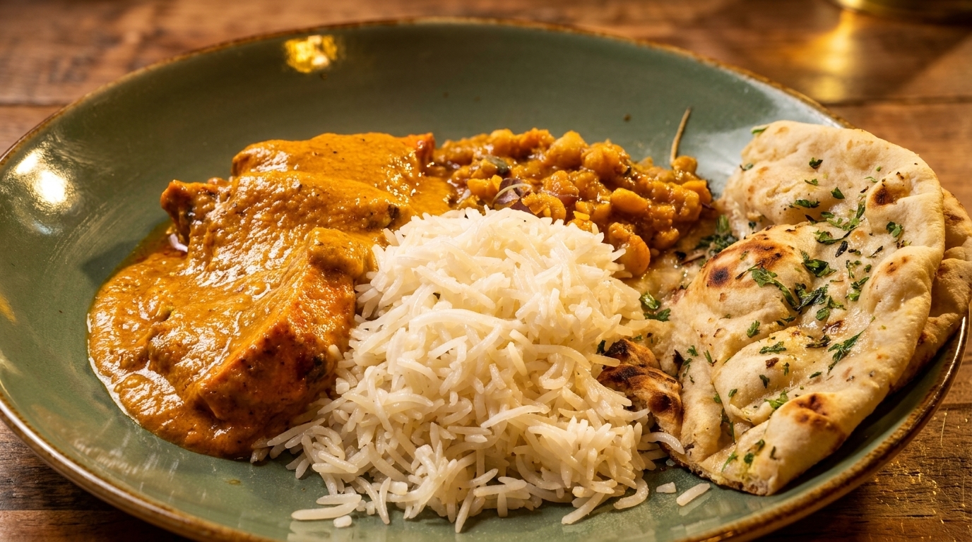 A green plate holds butter chicken, dal, basmati rice, and naan bread with parsley.
