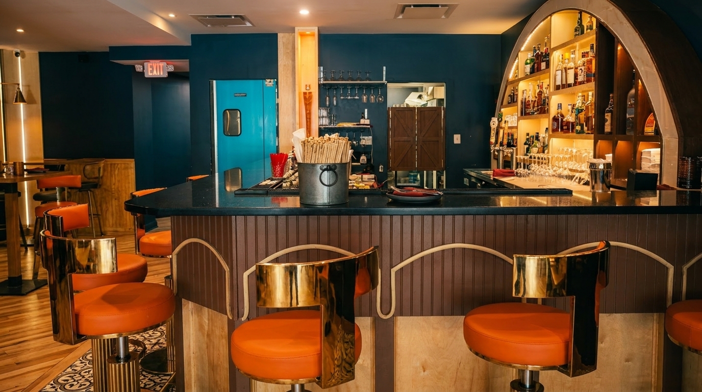A stylish bar with orange and gold stools, dark blue walls, and an arched liquor display.