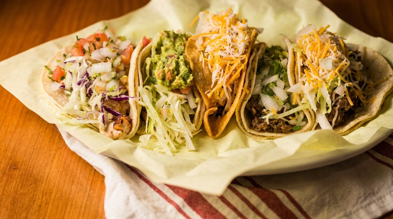 Five assorted tacos with various fillings like guacamole, cheese, and pico de gallo on a yellow paper.