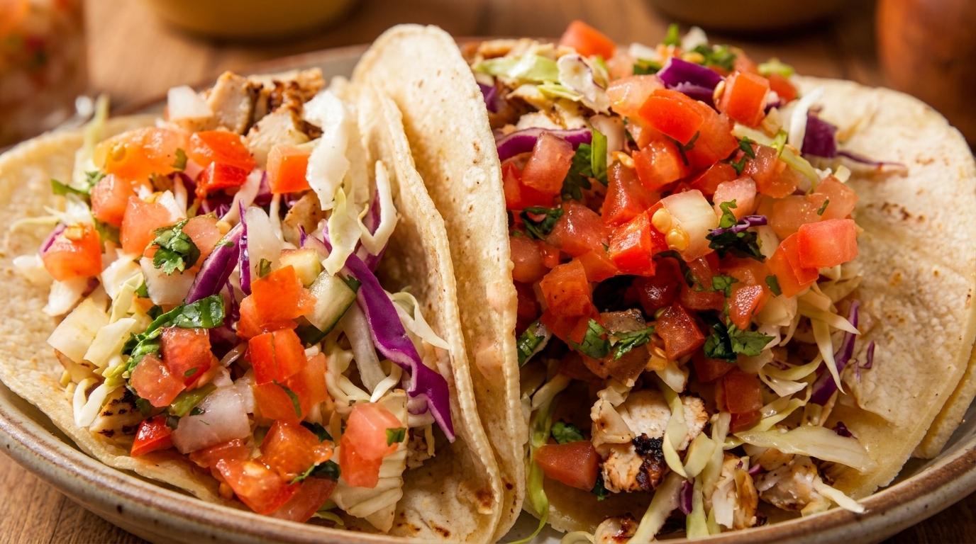 Two grilled chicken tacos with shredded cabbage, red onion, and diced tomatoes on a plate.