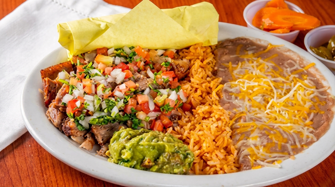 A plate of Mexican food with carnitas, pico de gallo, rice, refried beans, and guacamole.