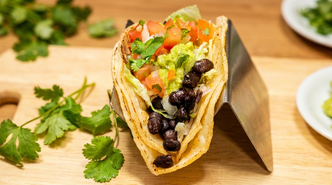 A fresh taco filled with black beans, guacamole, lettuce, and pico de gallo in a metal holder.