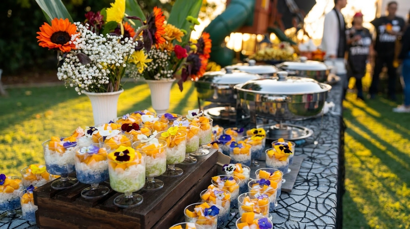 Outdoor buffet table with mango sticky rice desserts, floral arrangements, and chafing dishes.