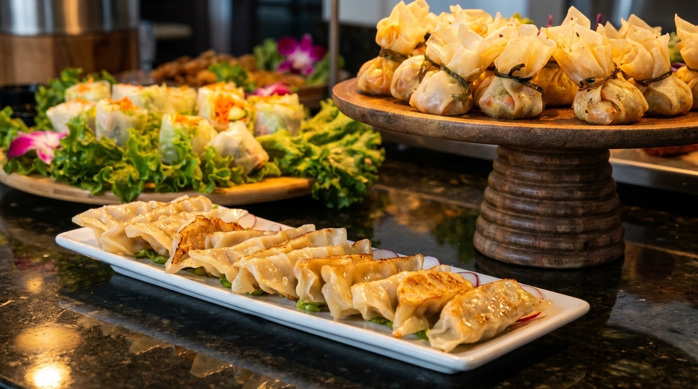 A buffet spread with spring rolls, dumplings, and money bags on a dark countertop.