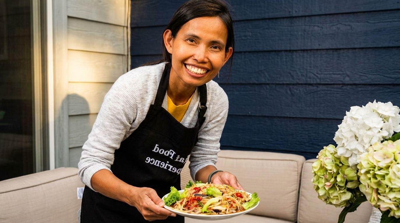 Smiling woman in an apron holding a plate of papaya salad outdoors on a patio.
