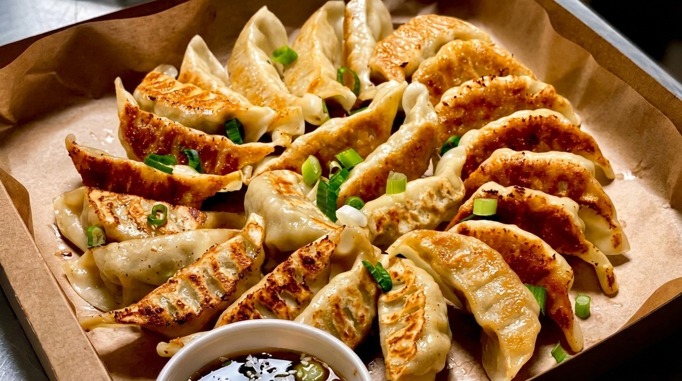 Pan-fried dumplings with crispy bottoms and green onion garnish, served with a dipping sauce.