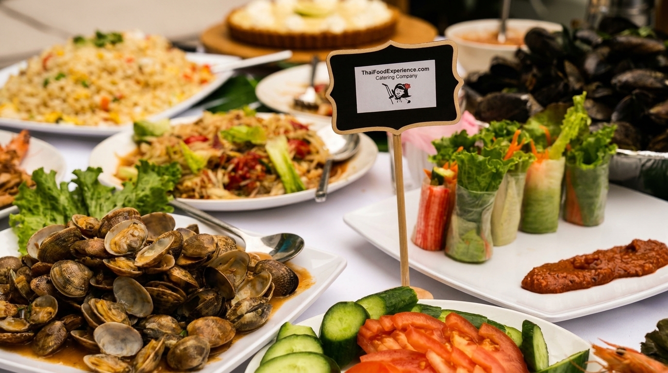 A buffet spread of Thai dishes, including clams, spring rolls, fried rice, and papaya salad.