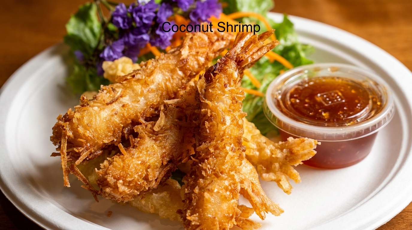 Golden-brown coconut shrimp with a side of sweet chili dipping sauce and a garnish of greens.