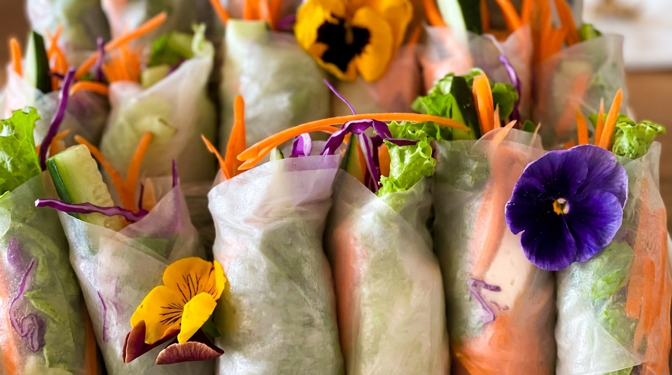 Fresh spring rolls filled with lettuce, carrots, cucumber, and purple cabbage, garnished with edible flowers.