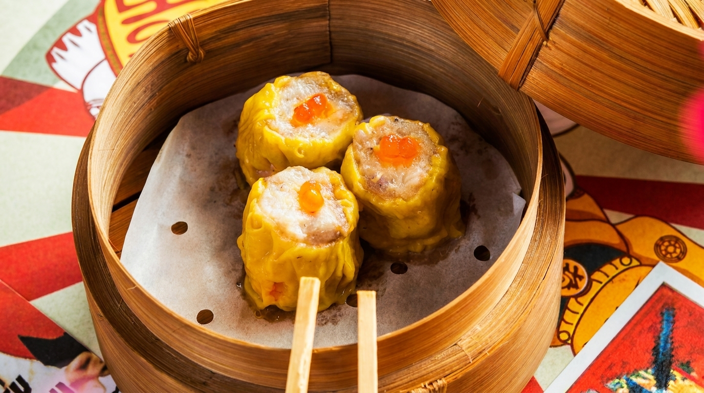 Three steamed dim sum dumplings with orange roe in a bamboo steamer with chopsticks.