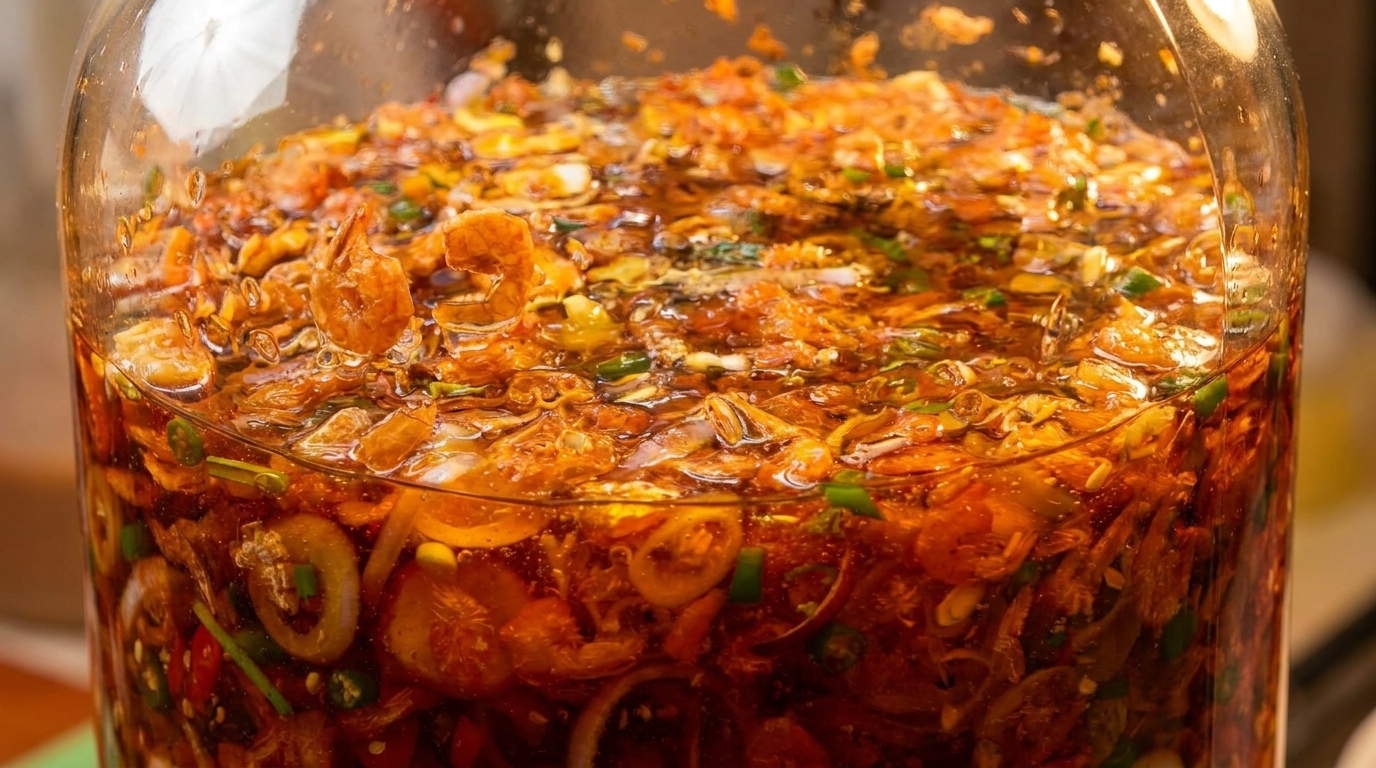 Close-up of a large glass jar filled with a spicy, oily mixture of shrimp, chilies, and onions.