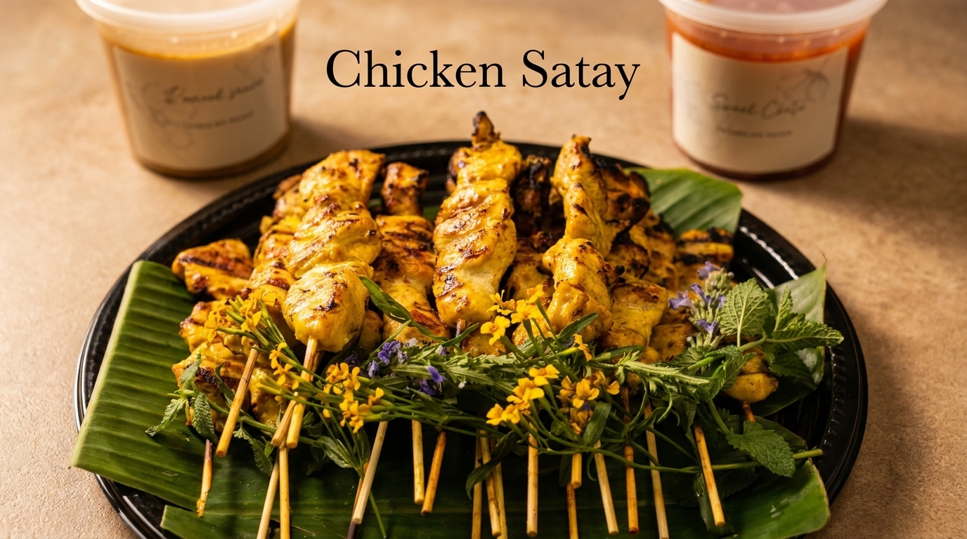 Grilled chicken satay skewers on banana leaves with herbs, flowers, and two sauce containers.
