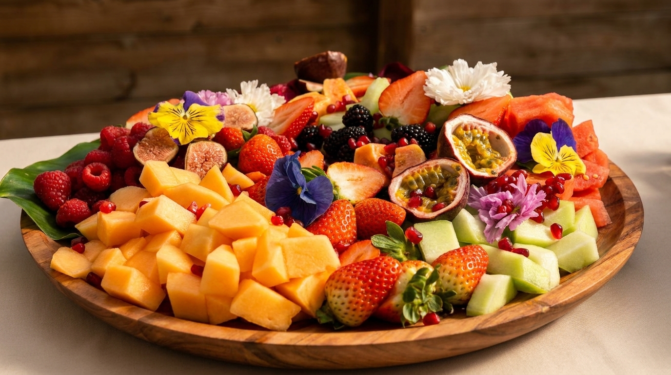 A vibrant wooden platter overflowing with fresh fruit, including melon, berries, figs, and passion fruit, garnished with edible flowers.