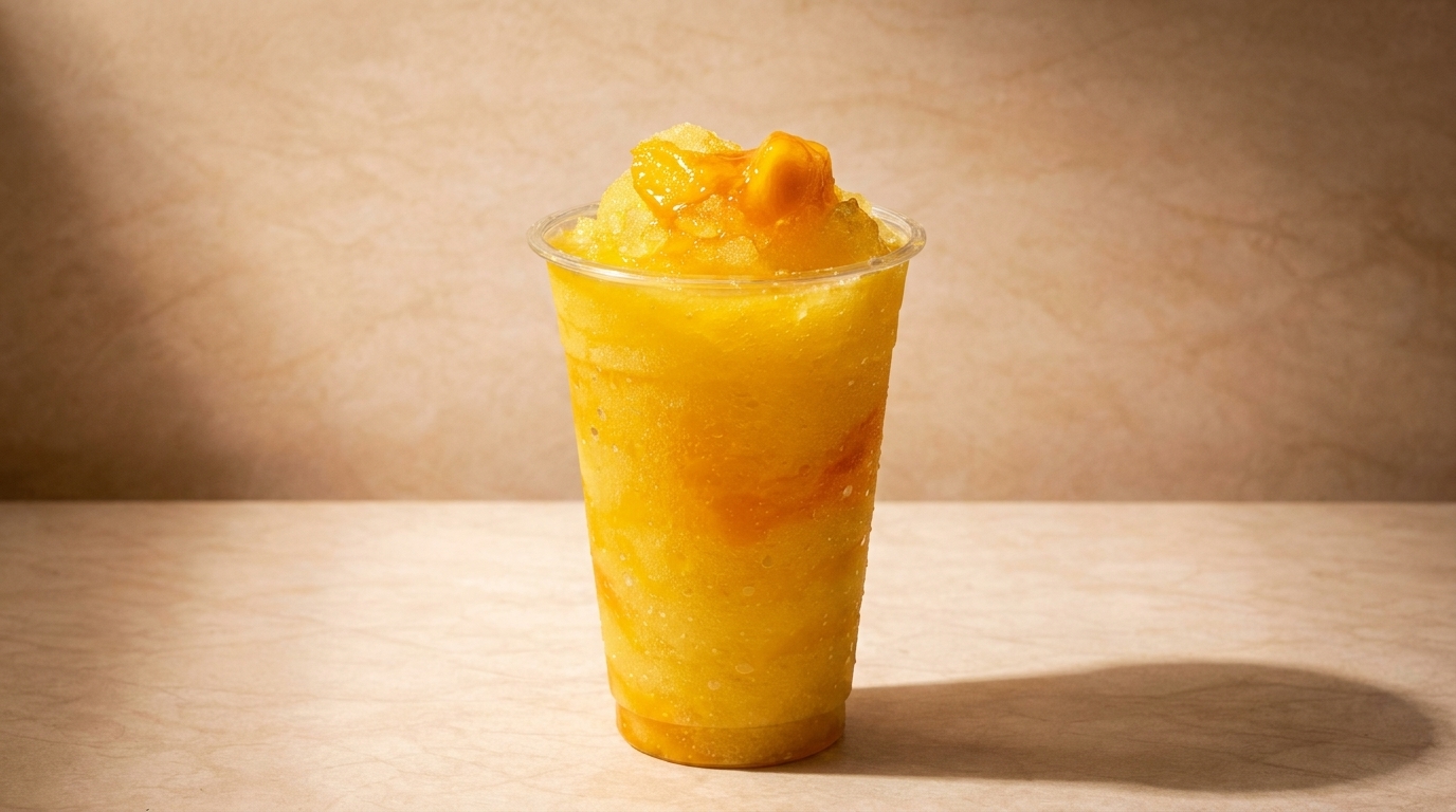 A vibrant yellow mango smoothie in a clear plastic cup, topped with mango chunks.