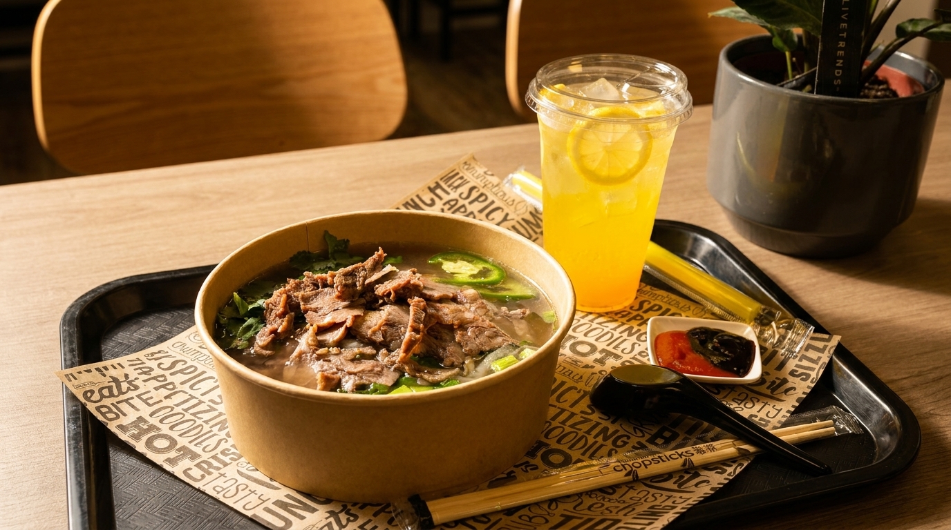 Beef pho in a paper bowl with a lemon drink, sauces, and chopsticks on a tray.