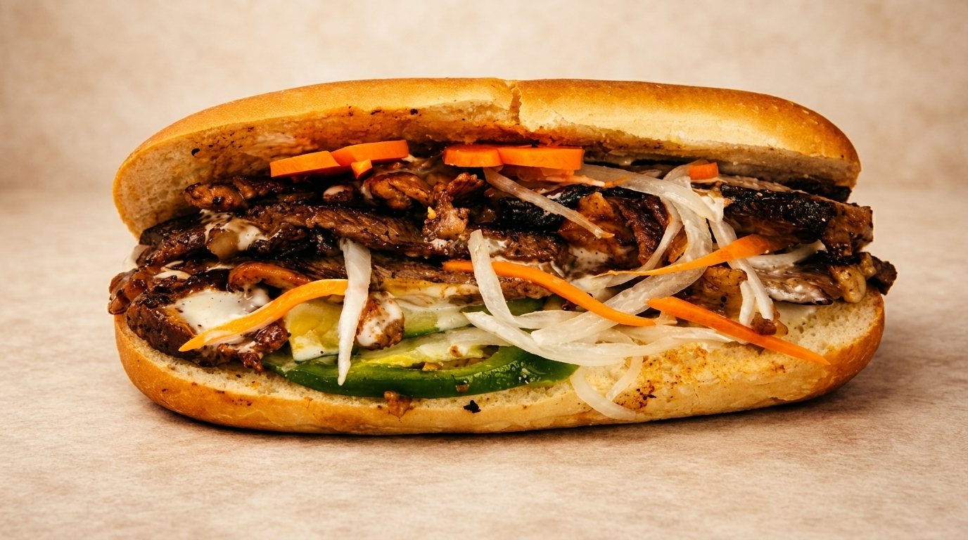 A large, hearty sandwich filled with grilled meat, sliced onions, carrots, and green peppers.
