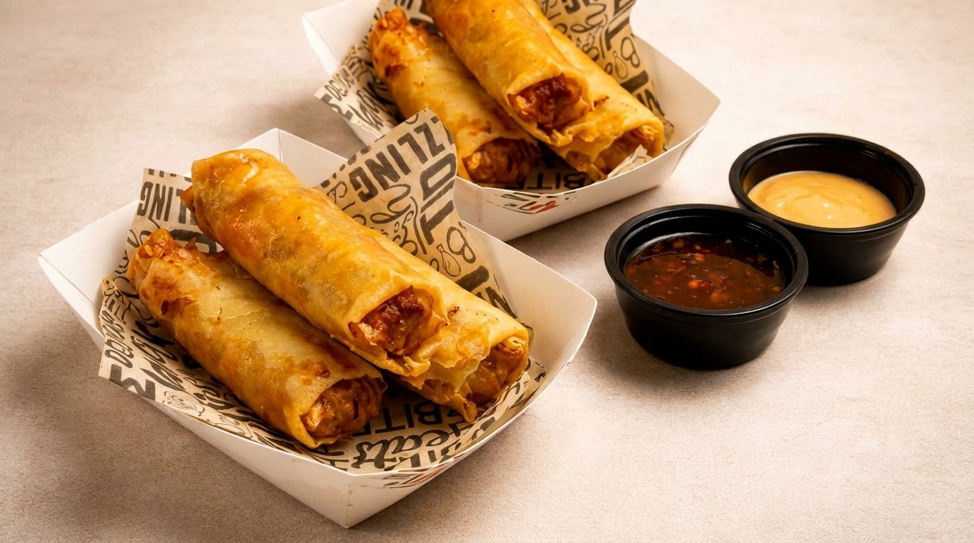 Two servings of crispy egg rolls in paper trays, with two dipping sauces on the side.
