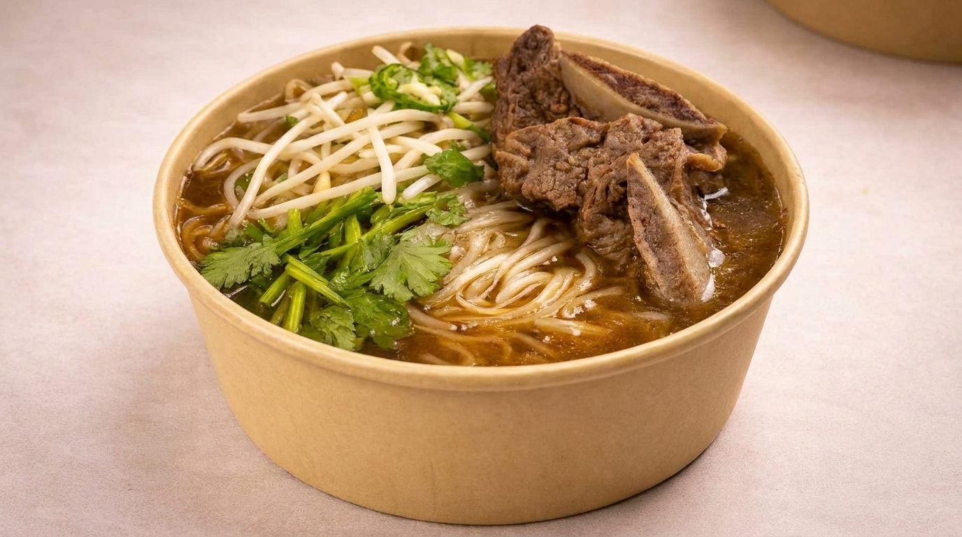 Hearty beef short rib pho with noodles, bean sprouts, and cilantro in a to-go container.