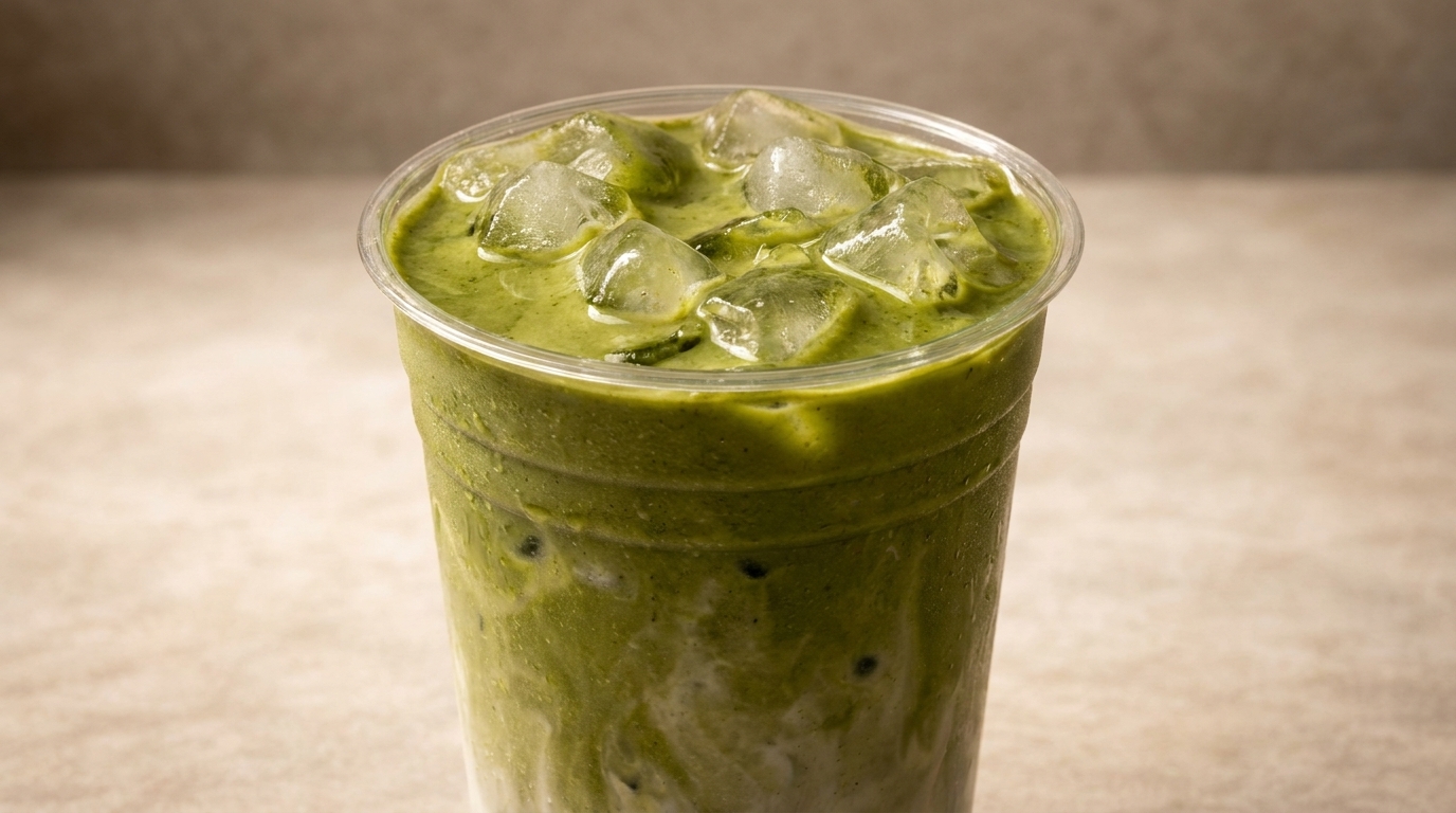 Iced matcha latte in a clear plastic cup, with ice cubes and a creamy swirl.