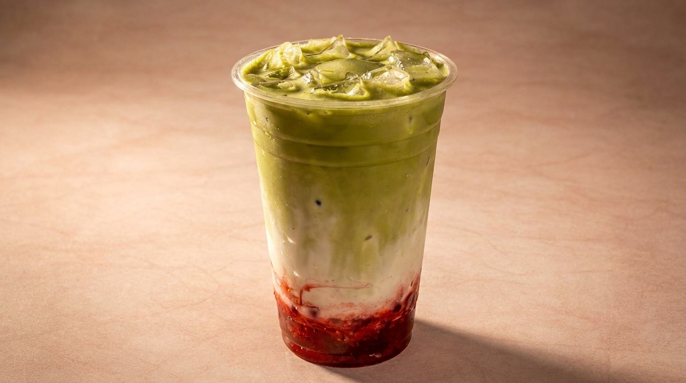 Iced matcha latte with strawberry puree and milk in a clear plastic cup.