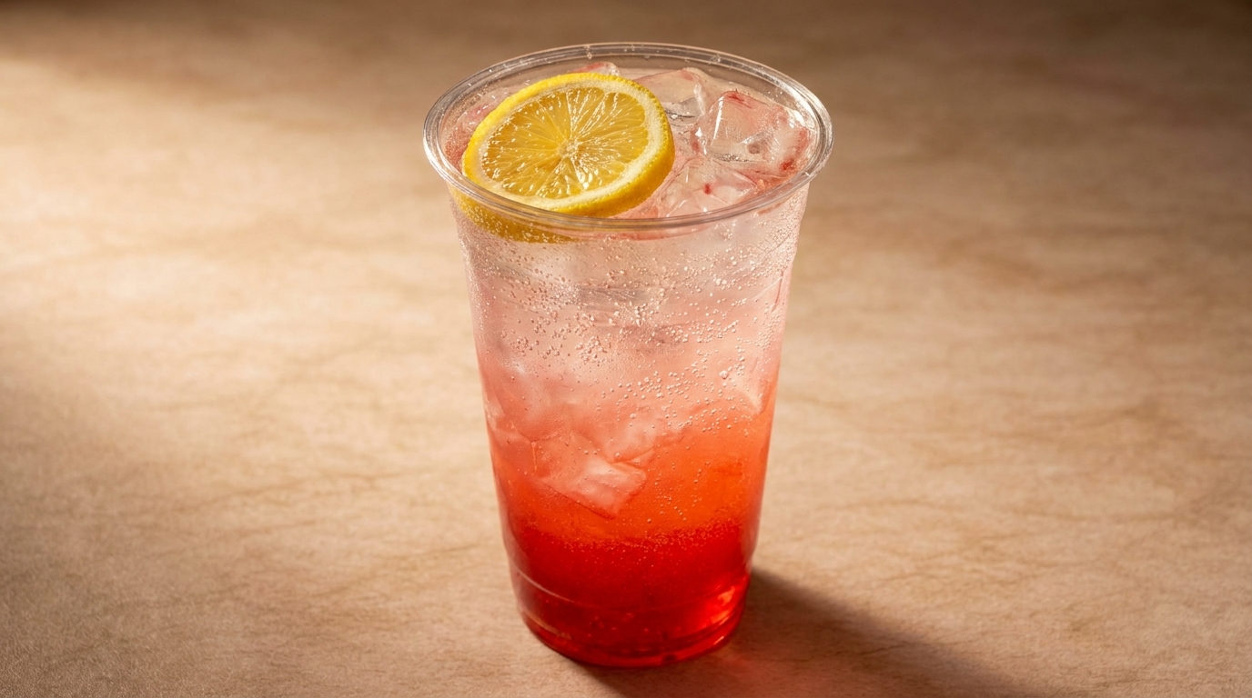 A vibrant red and clear sparkling drink with ice and a lemon slice in a plastic cup.