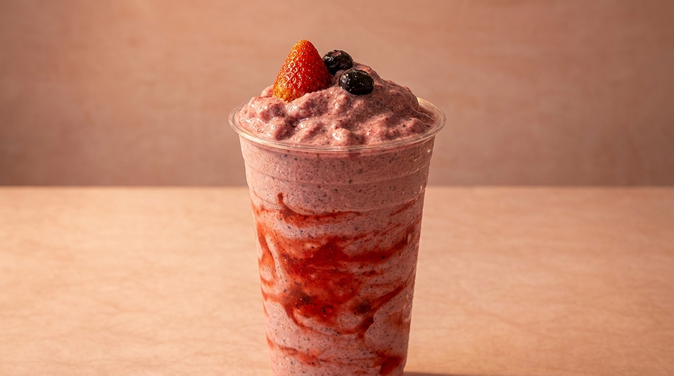 Berry smoothie in a clear plastic cup, topped with a strawberry and blueberries.