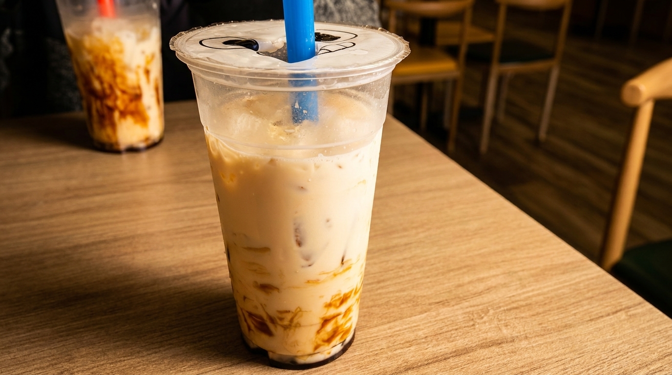 Two plastic cups of brown sugar boba milk tea with straws on a wooden table.