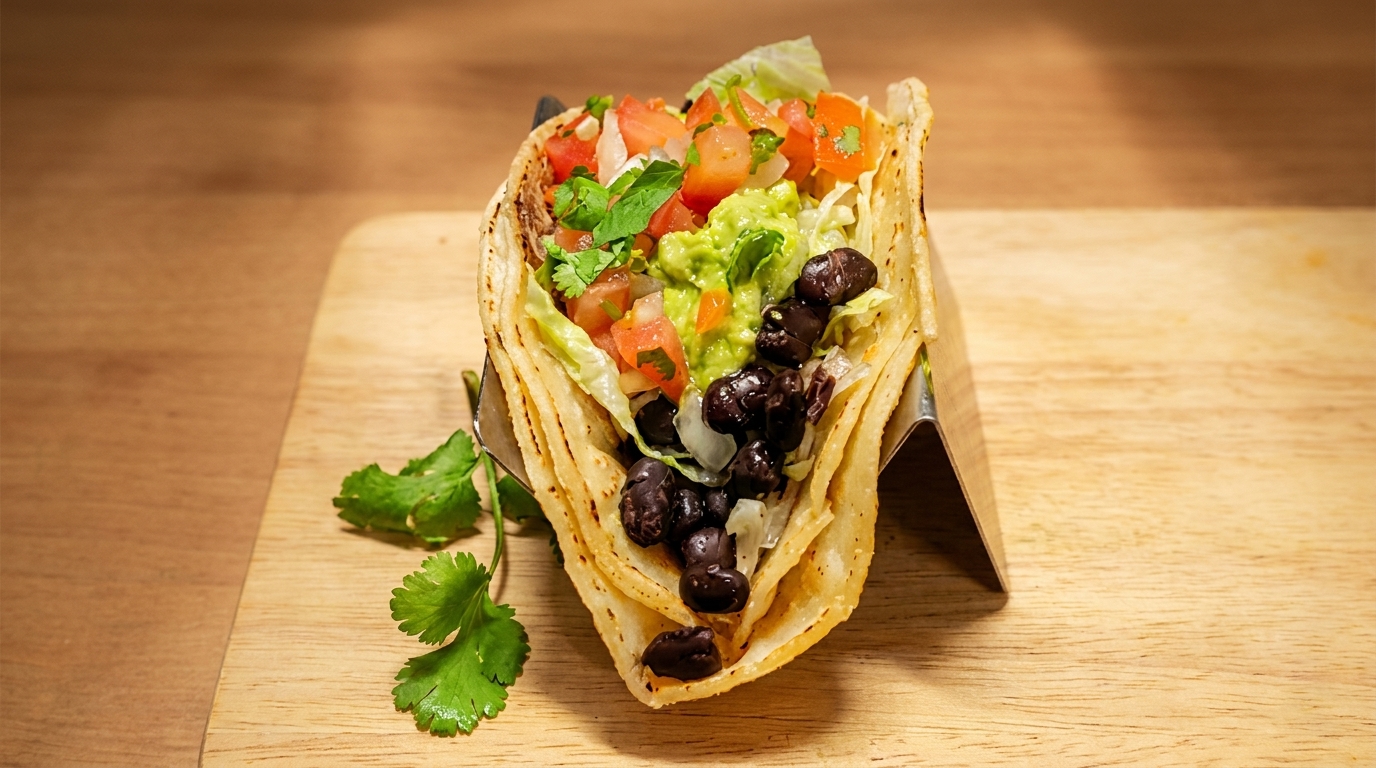A vibrant taco filled with black beans, guacamole, lettuce, and pico de gallo on a wooden board.