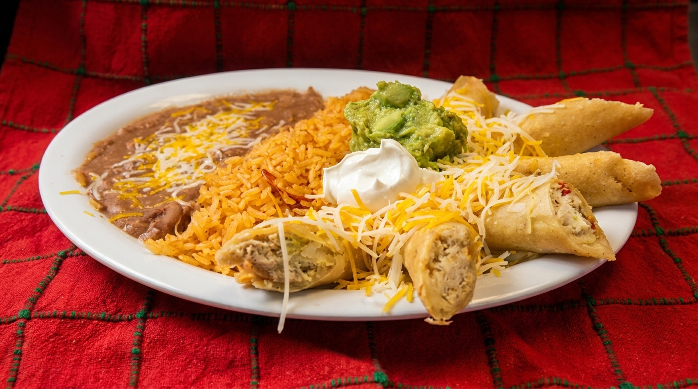 A plate of taquitos, rice, refried beans, guacamole, sour cream, and shredded cheese.