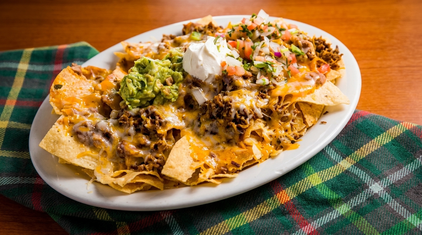 A large plate of loaded nachos with melted cheese, ground beef, guacamole, sour cream, and pico de gallo.