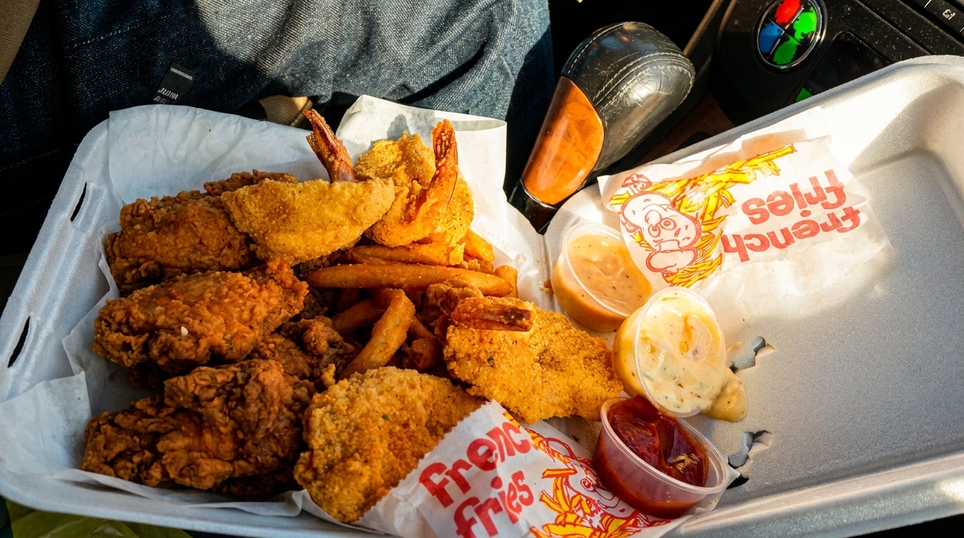 Fried chicken, shrimp, and french fries with dipping sauces in a styrofoam container.