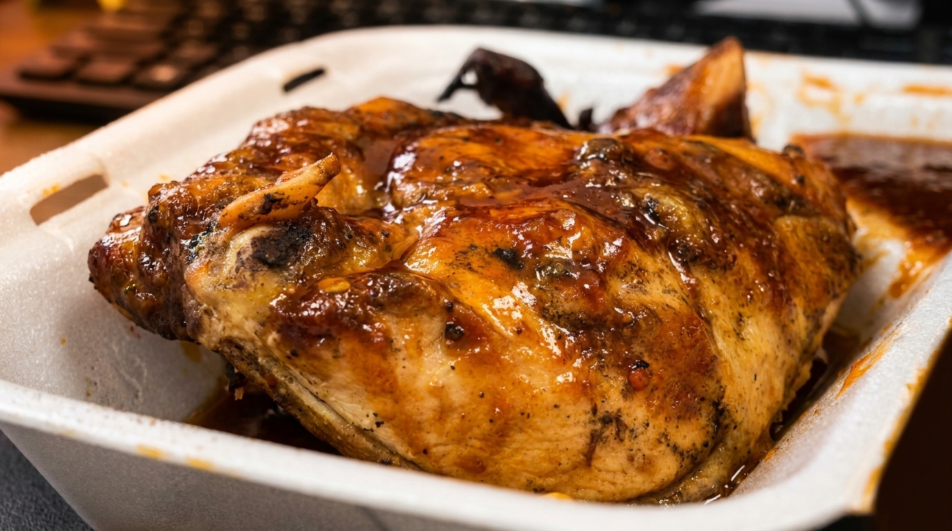 Close-up of a juicy, glazed chicken quarter in a white takeout container.