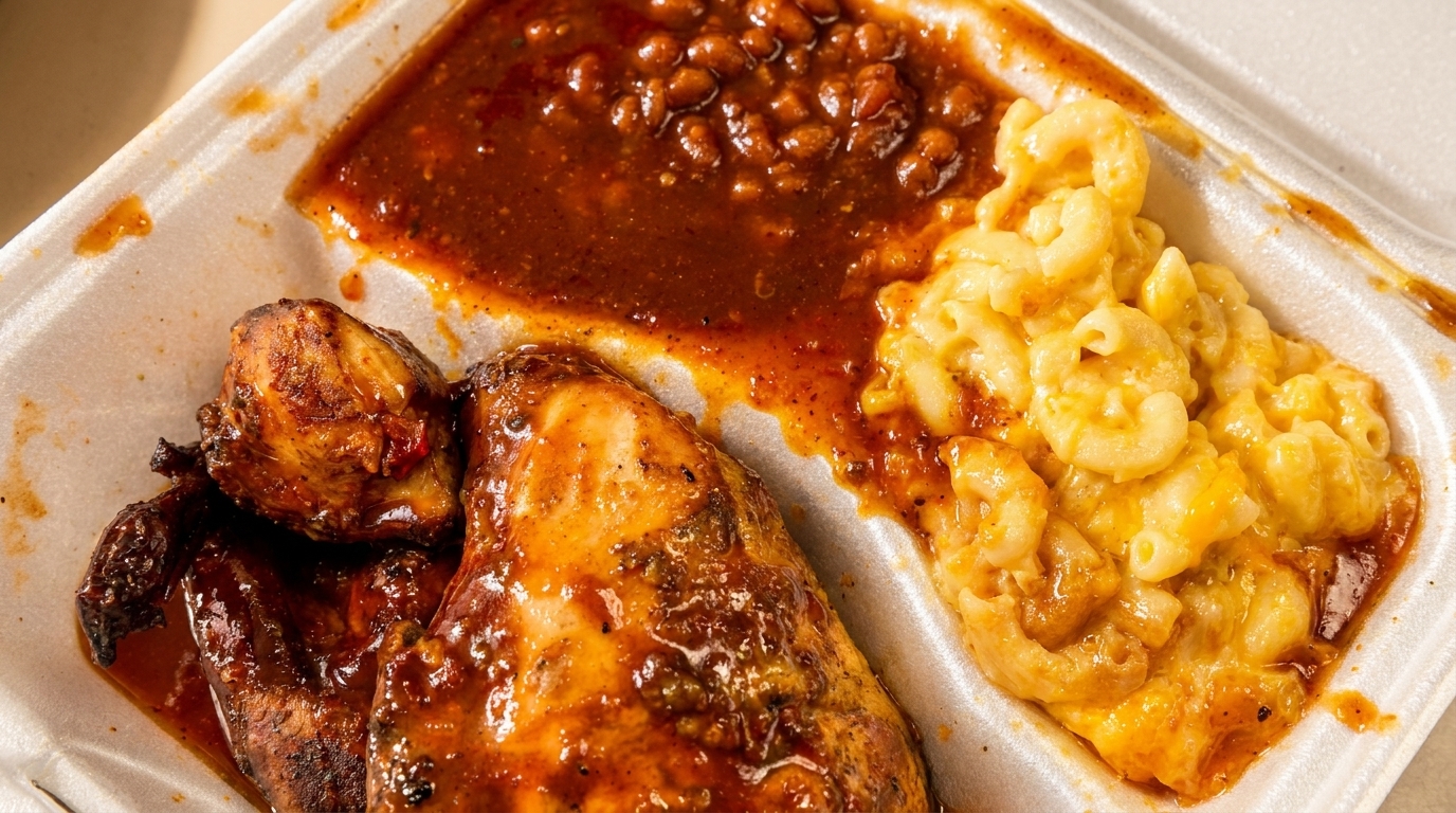 BBQ chicken, baked beans, and macaroni and cheese in a white takeout container.