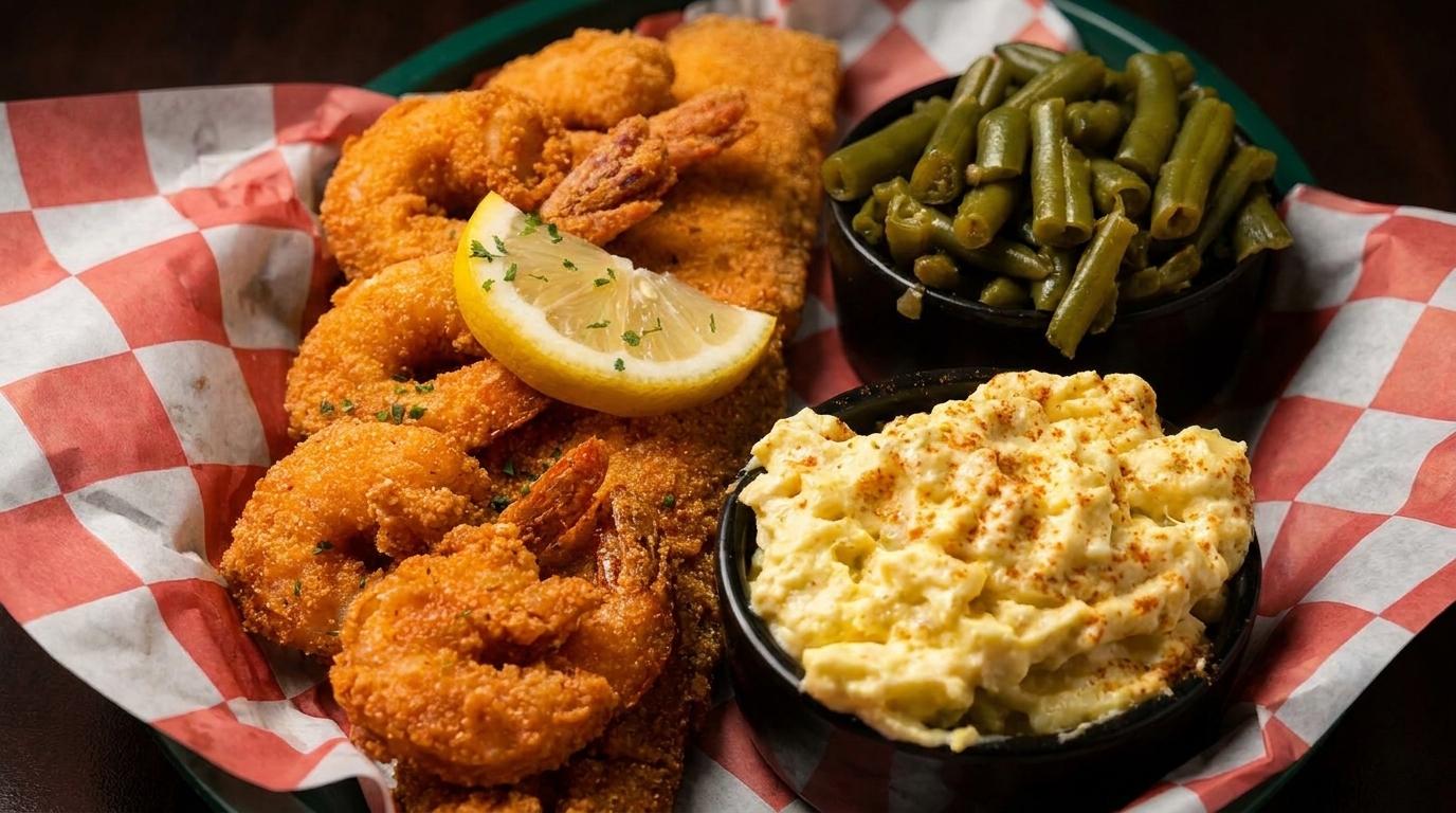 Fried shrimp and fish with a lemon wedge, green beans, and macaroni and cheese.