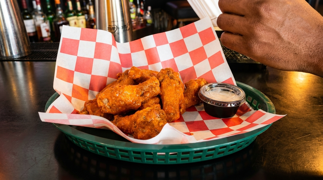 A basket of buffalo wings with a side of dipping sauce on a bar counter.