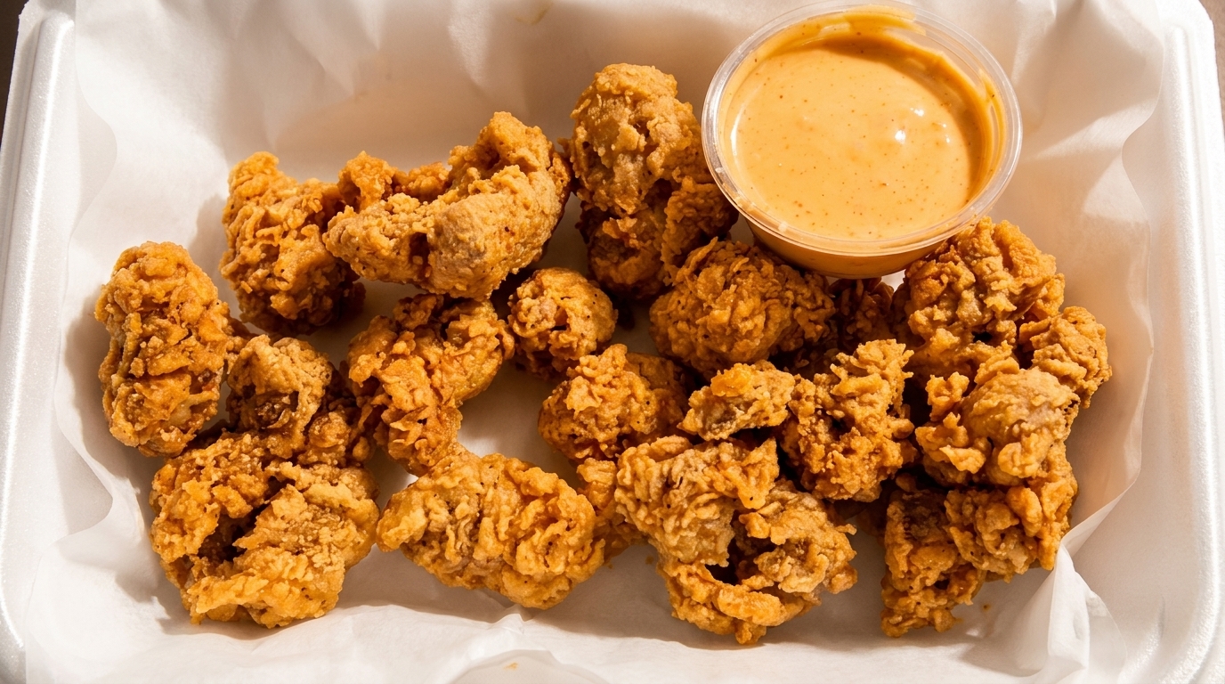 Crispy fried chicken bites and a cup of dipping sauce in a white takeout container.