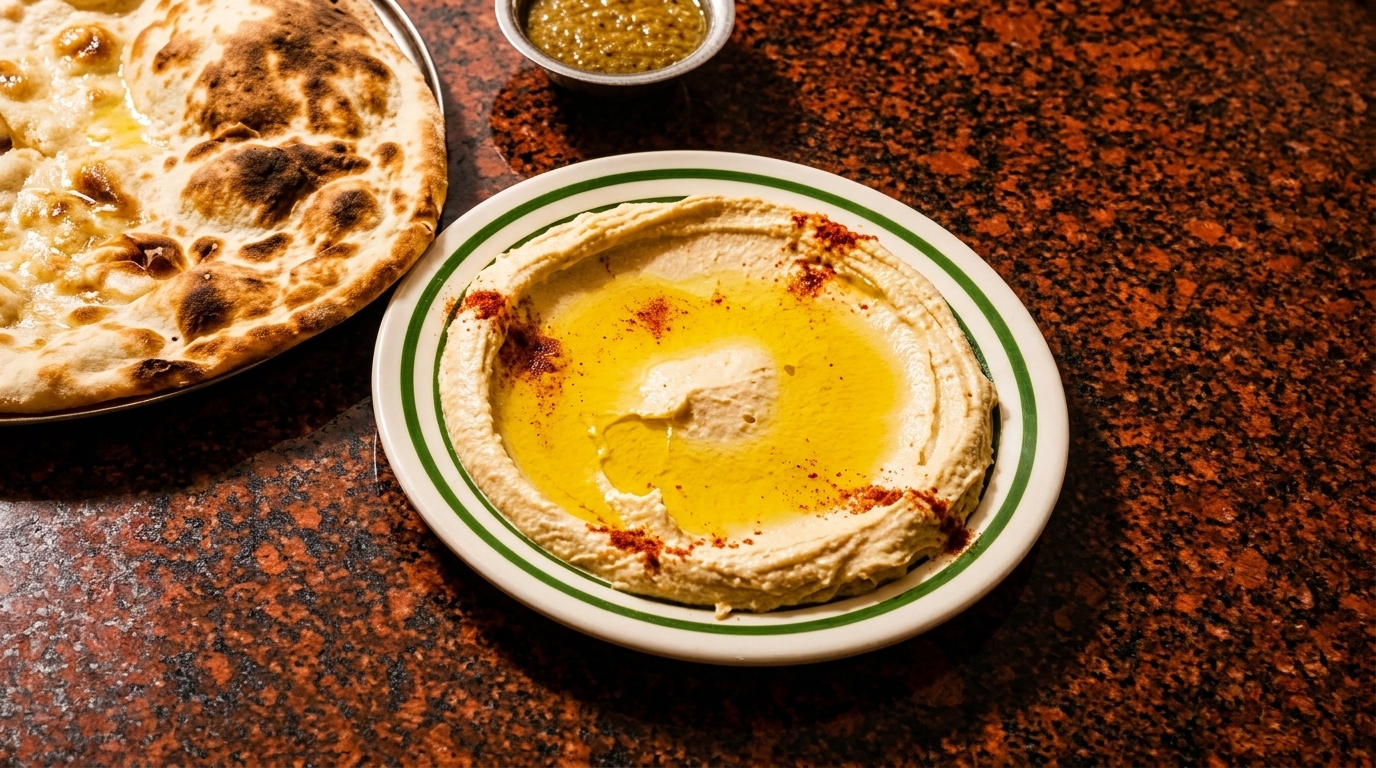 A plate of hummus with olive oil and paprika, alongside a round of flatbread and a small dish of relish.
